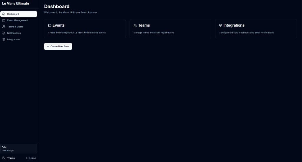 Le Mans Ultimate Event Planner dashboard